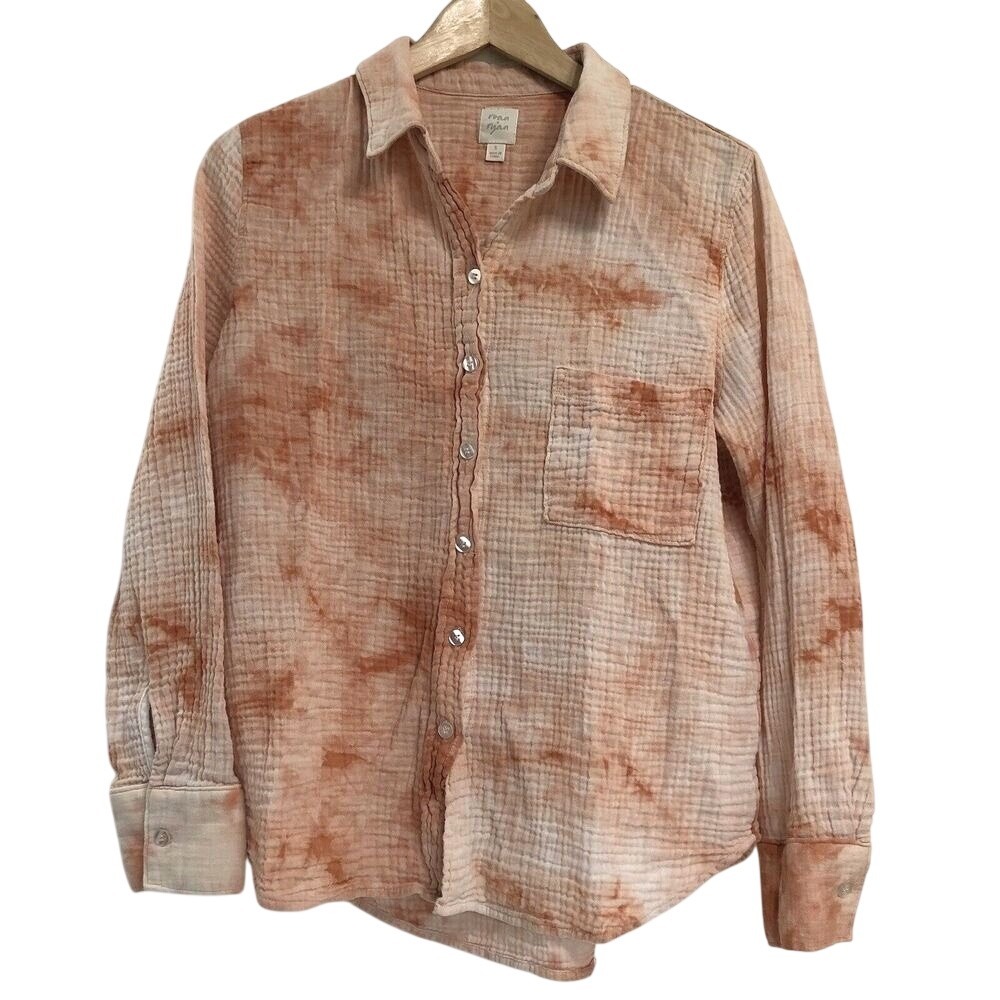 Evereve Roan + Ryan Women's Tie Dye Button Up Shirt Size S Orange Boho Hippie